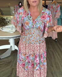 Melinda | Floral Midi Dress V-Neck Flutter Sleeve