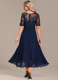 Anita | Navy Lace Bodice Midi Dress with Short Sleeves