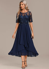 Anita | Navy Lace Bodice Midi Dress with Short Sleeves