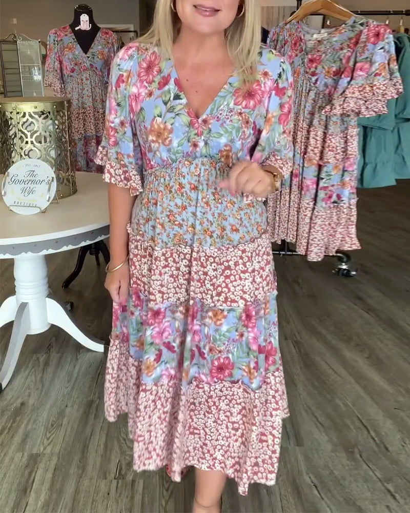 Melinda | Floral Midi Dress V-Neck Flutter Sleeve