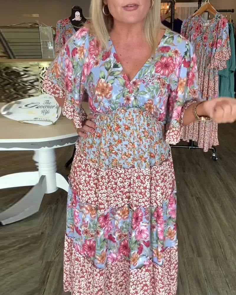 Melinda | Floral Midi Dress V-Neck Flutter Sleeve