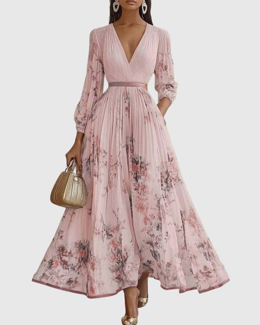 Naomi | Floral Midi Dress Pleated V-Neck