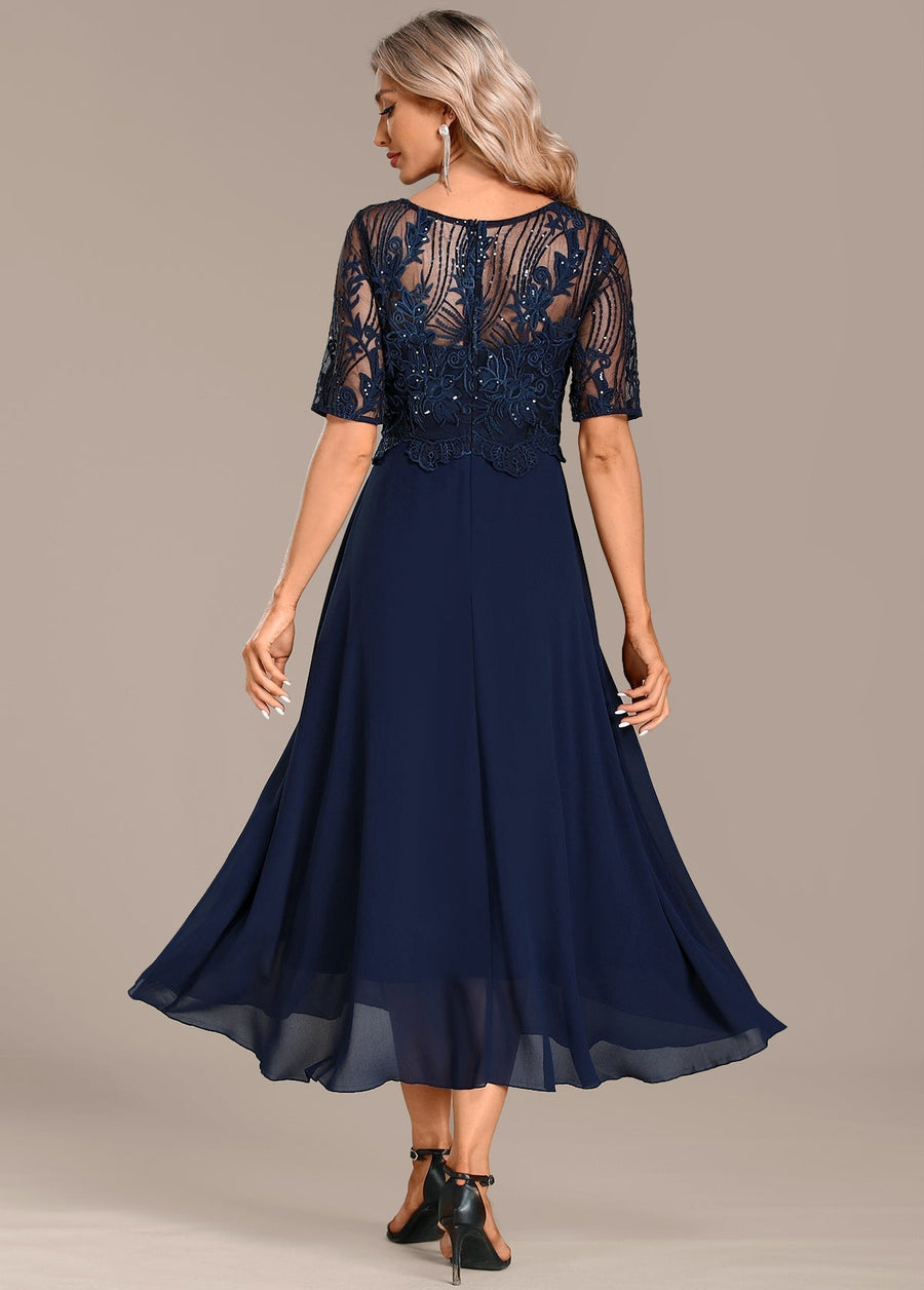 Anita | Navy Lace Bodice Midi Dress with Short Sleeves