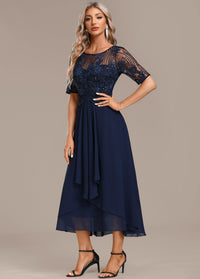 Anita | Navy Lace Bodice Midi Dress with Short Sleeves