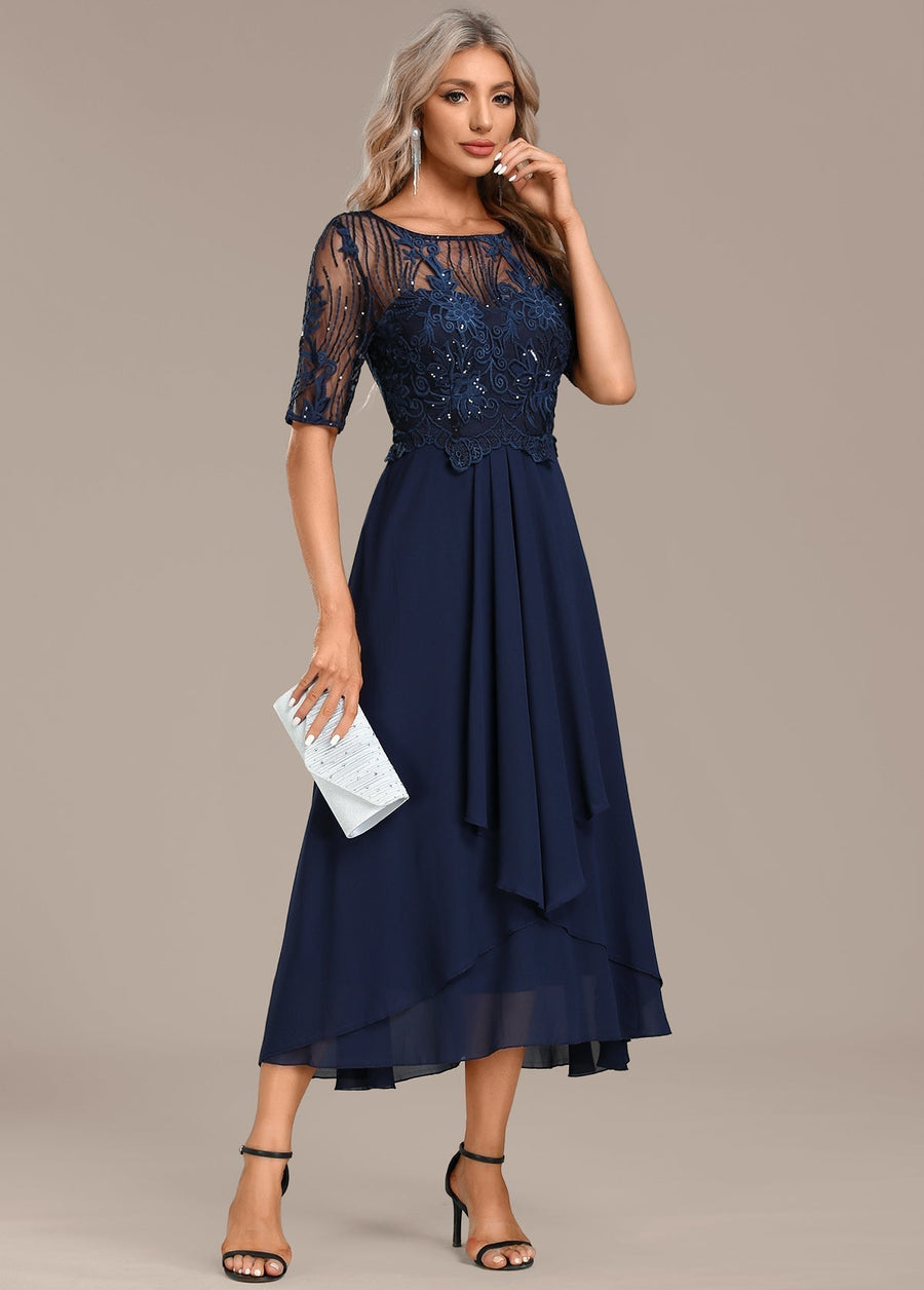 Anita | Navy Lace Bodice Midi Dress with Short Sleeves