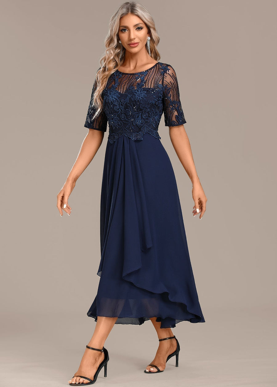 Anita | Navy Lace Bodice Midi Dress with Short Sleeves