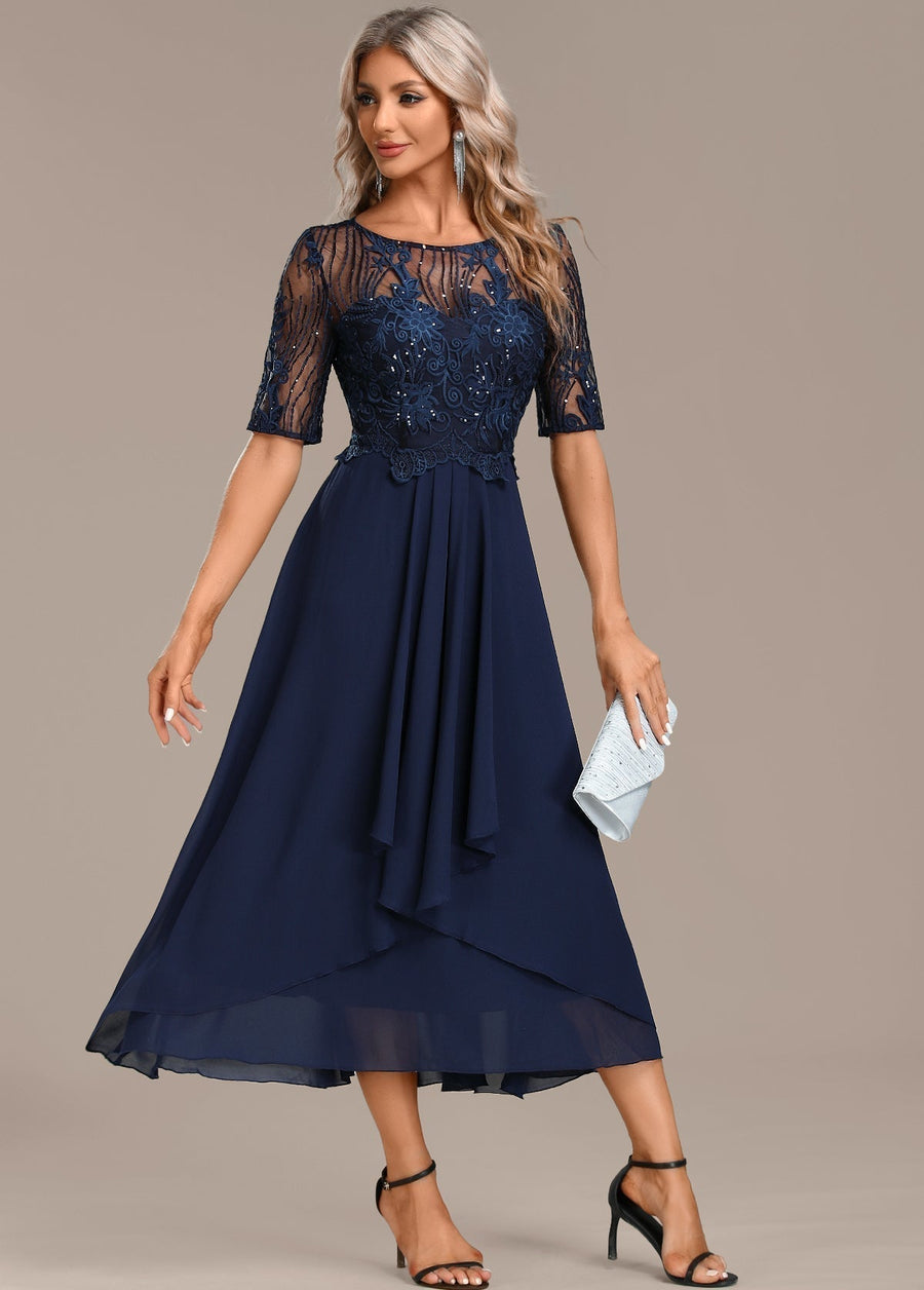 Anita | Navy Lace Bodice Midi Dress with Short Sleeves