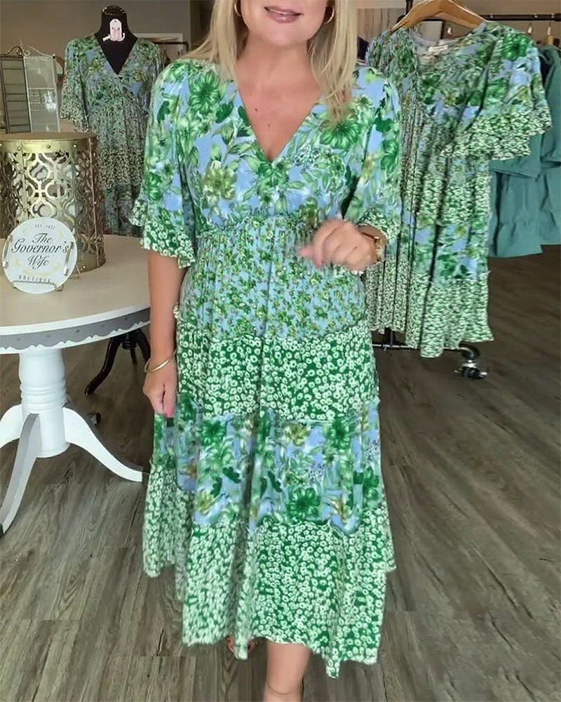 Melinda | Floral Midi Dress V-Neck Flutter Sleeve