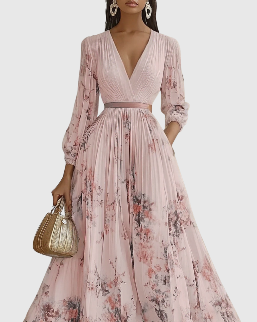 Naomi | Floral Midi Dress Pleated V-Neck