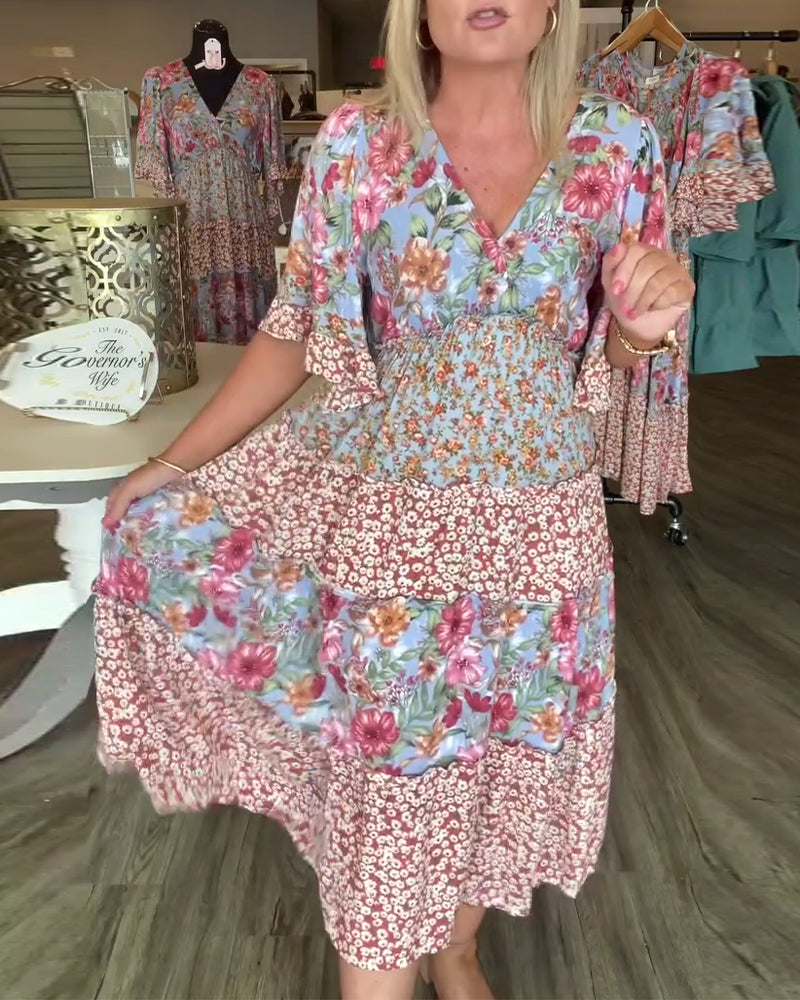 Melinda | Floral Midi Dress V-Neck Flutter Sleeve