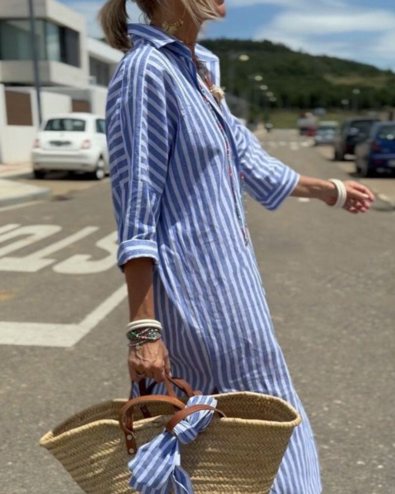 Suzanne | Shirt Dress Striped Three Quarter Sleeve