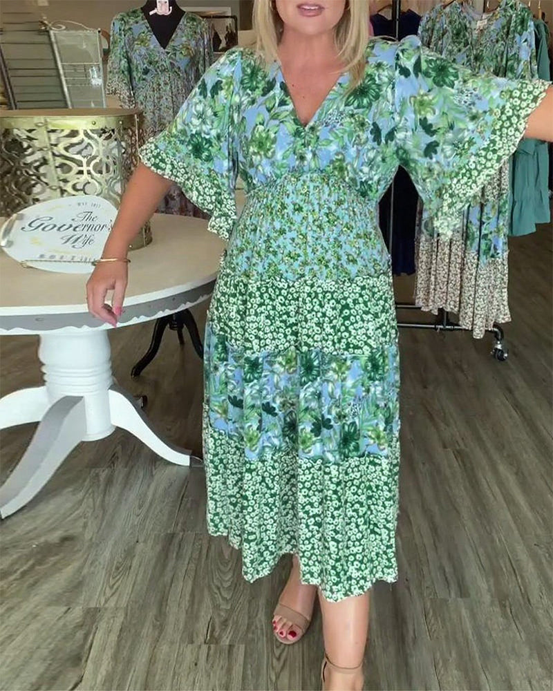 Melinda | Floral Midi Dress V-Neck Flutter Sleeve