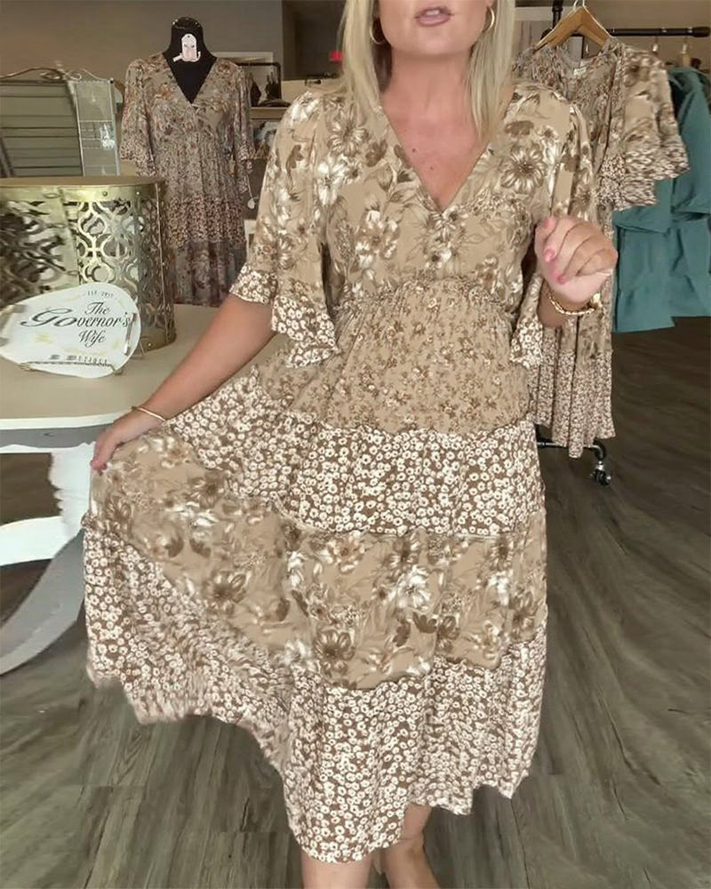 Melinda | Floral Midi Dress V-Neck Flutter Sleeve