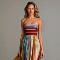 Michelle | Striped Strapless Maxi Dress with Pleated Skirt