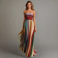 Michelle | Striped Strapless Maxi Dress with Pleated Skirt