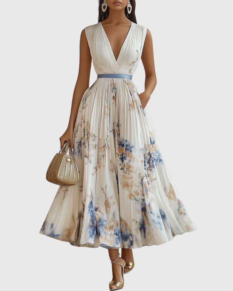 Naomi | Floral Midi Dress Pleated V-Neck