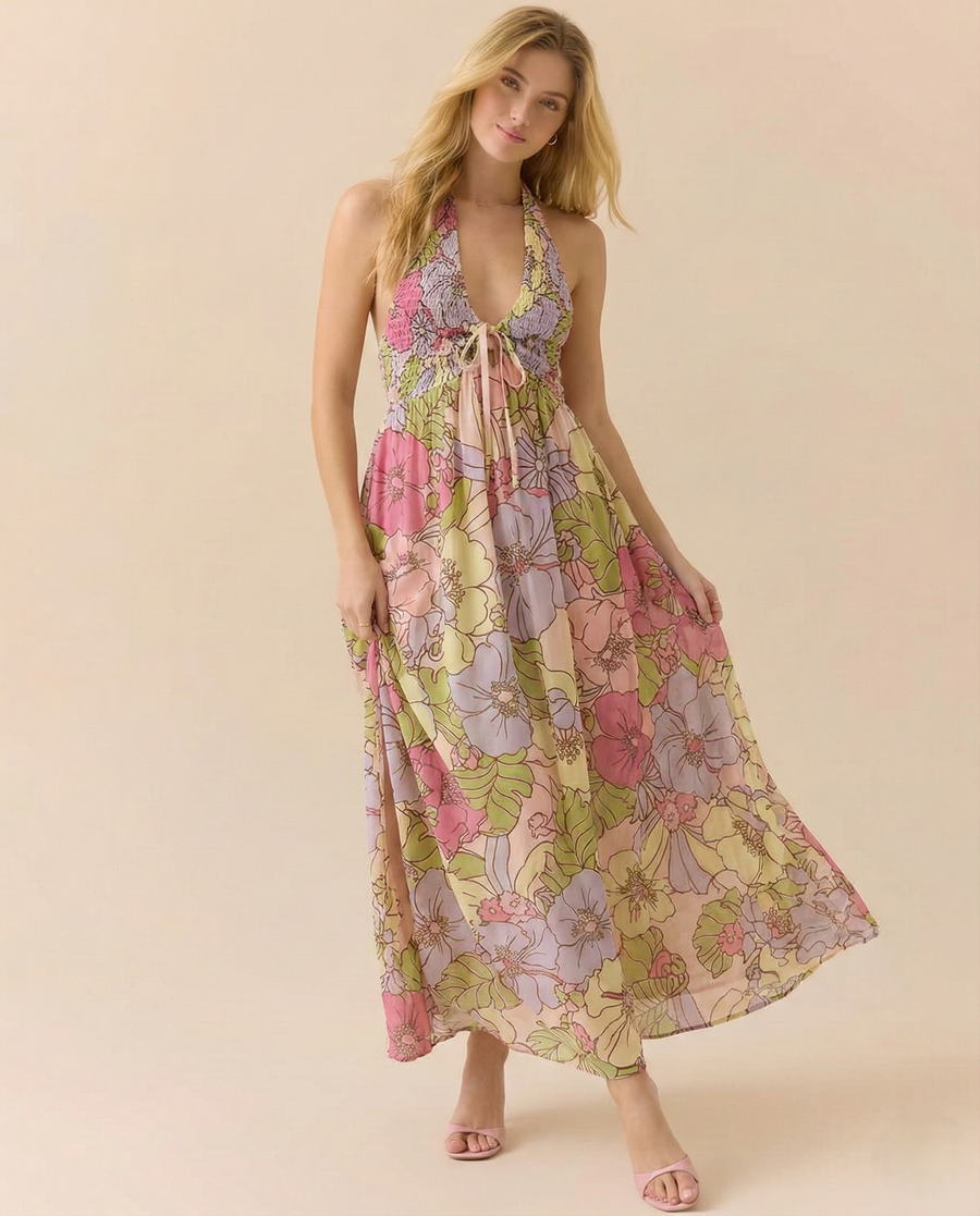 Wren | Halter Maxi Dress Smocked Floral