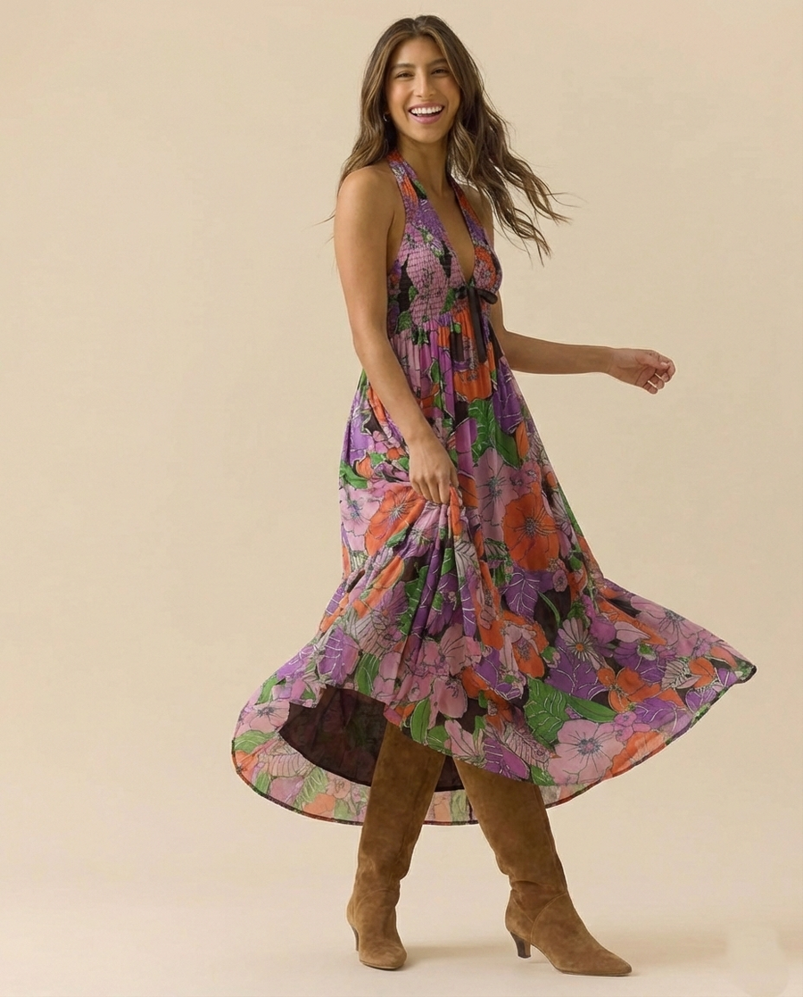 Wren | Halter Maxi Dress Smocked Floral
