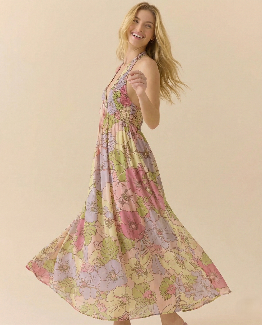 Wren | Halter Maxi Dress Smocked Floral