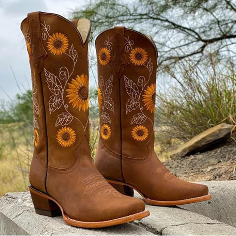 Callie | Orthopedic Cowboy Boots with Sunflower Embroidery and Pointed Toe