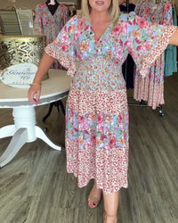 Melinda | Floral Midi Dress V-Neck Flutter Sleeve
