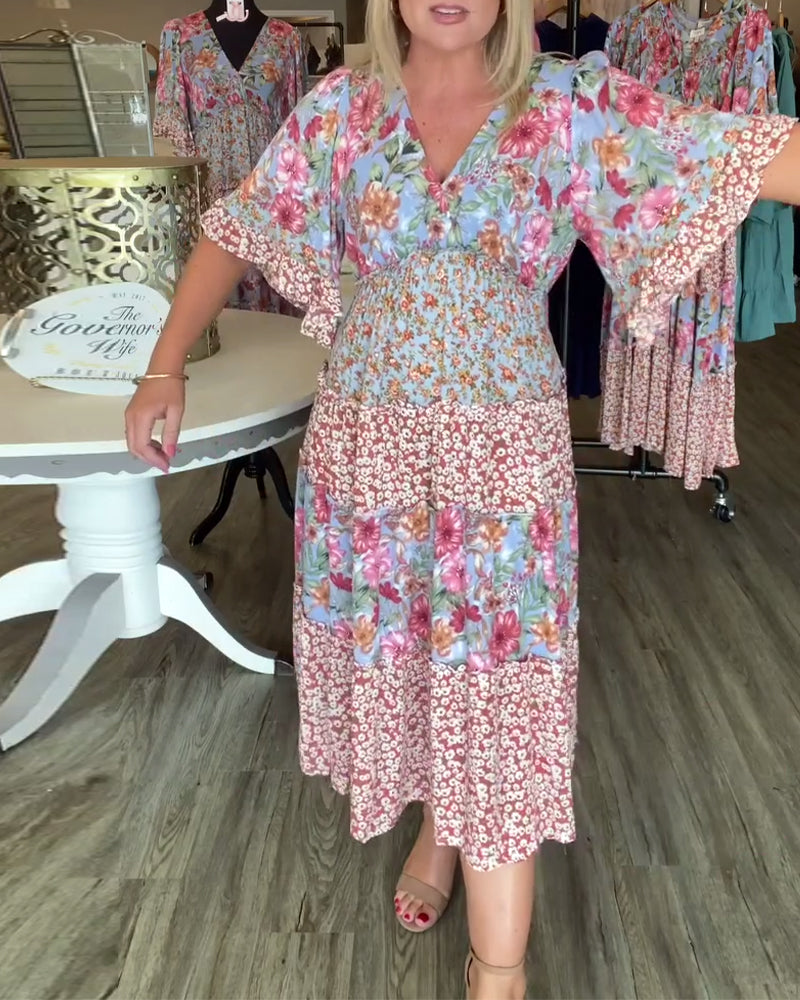 Melinda | Floral Midi Dress V-Neck Flutter Sleeve